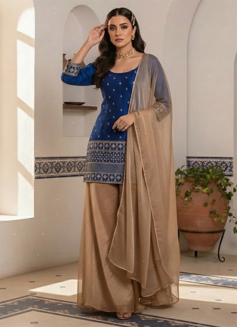 Blue Silk Zari Sequins Palazzo Suit Festive Wear