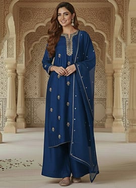 Blue Silk Zari Sequins Palazzo Suit