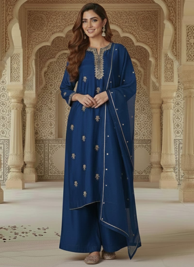 Blue Silk Zari Sequins Palazzo Suit Festive Wear