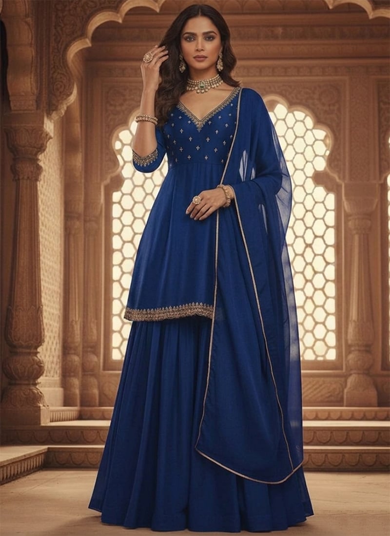Blue Silk Zari Sequins Sharara Suit Festive Wear