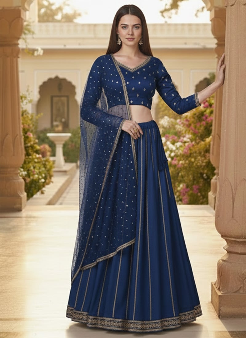 Blue Silk Zari Sequins Stones Lehenga Festive Wear