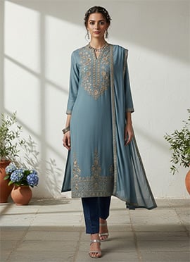 Blue Silk Zari Sequins Straight Pant Suit