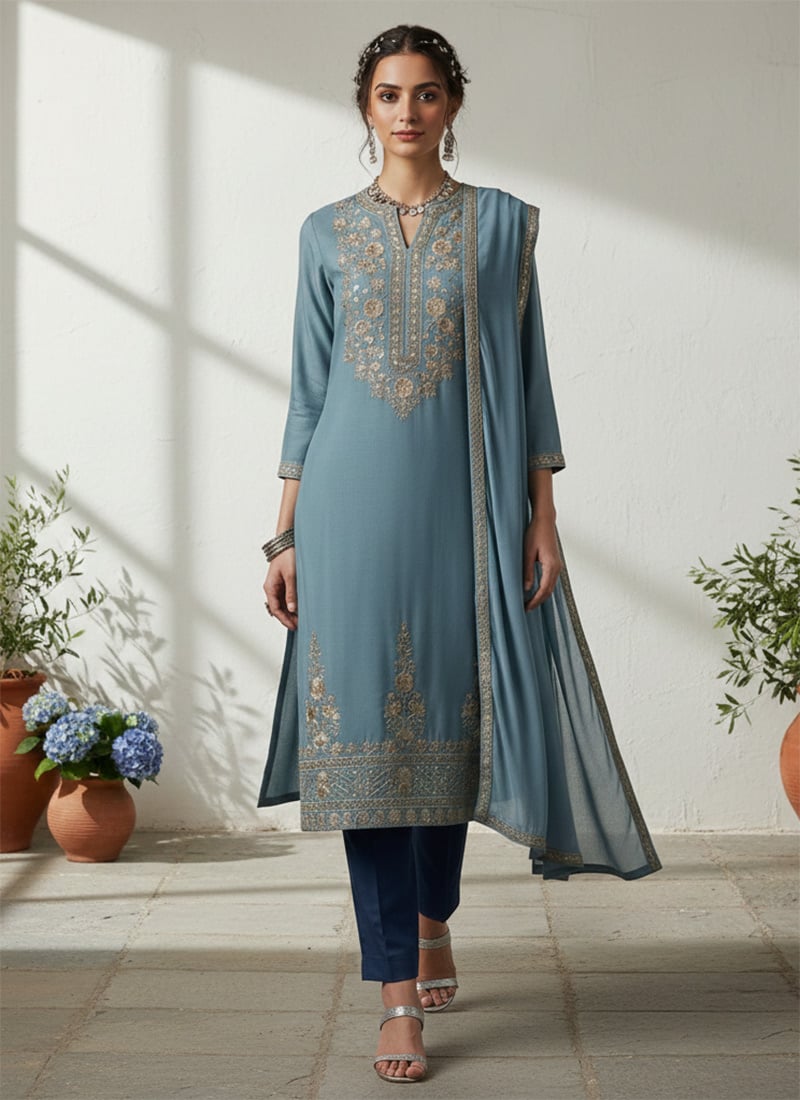 Blue Silk Zari Sequins Straight Pant Suit  Festive Wear