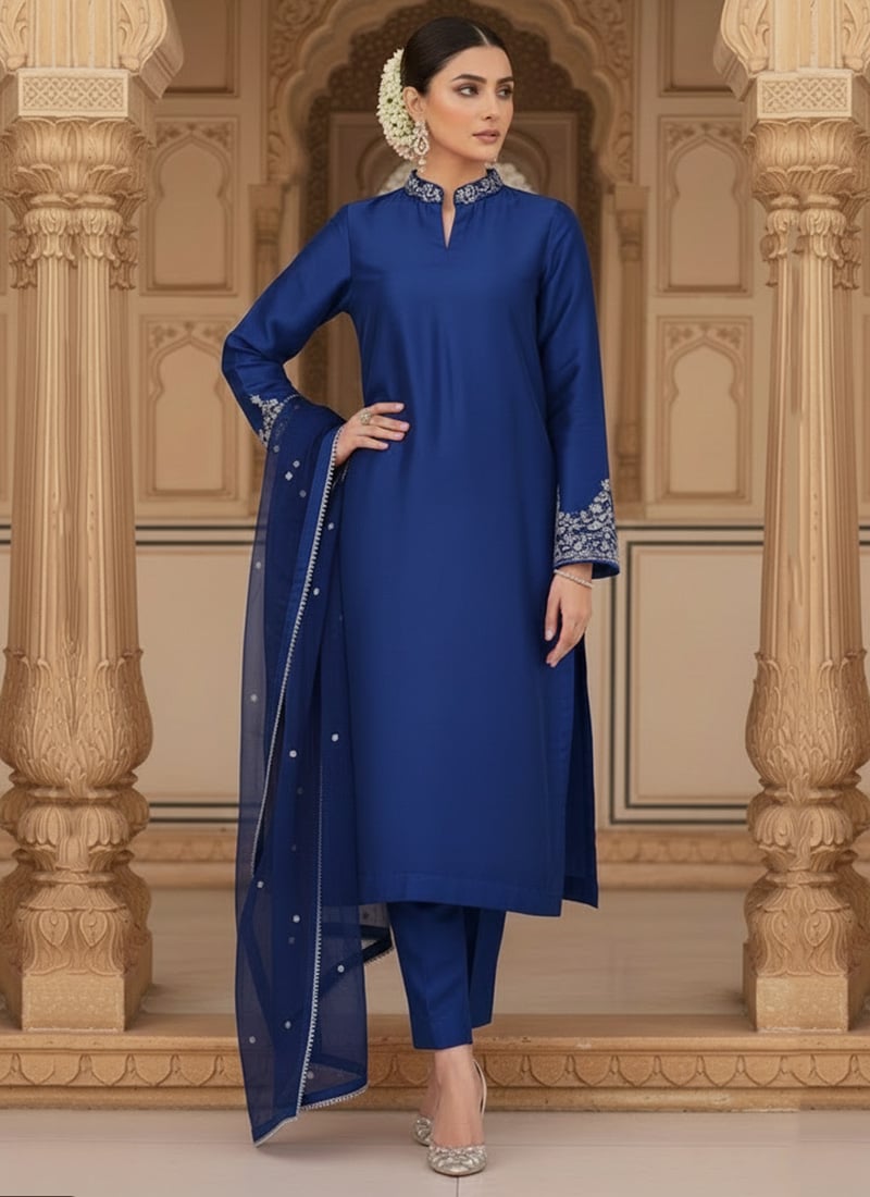 Blue Silk Zari Sequins Straight Pant Suit Festive Wear