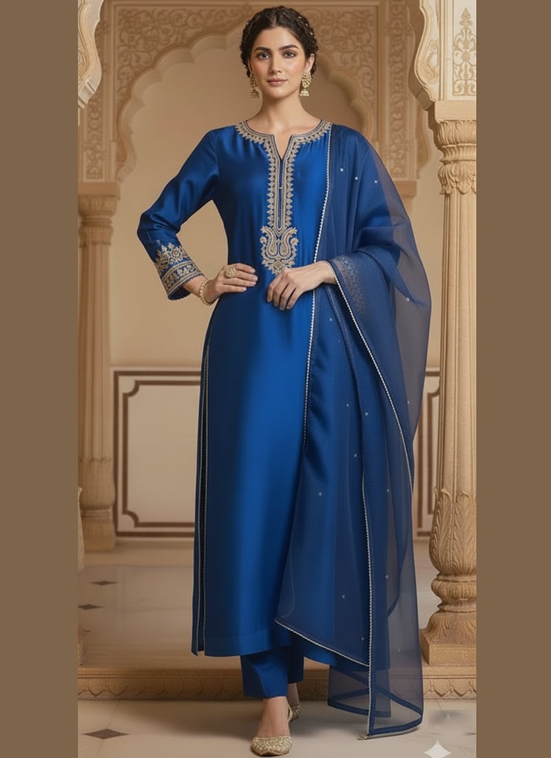Blue Silk Zari Sequins Straight Pant Suit Festive Wear