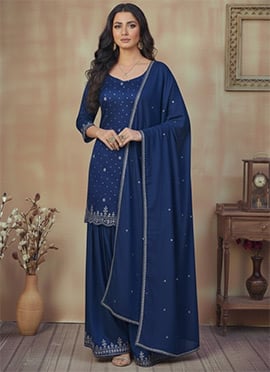 Blue Silk Zari Stone Palazzo Suit