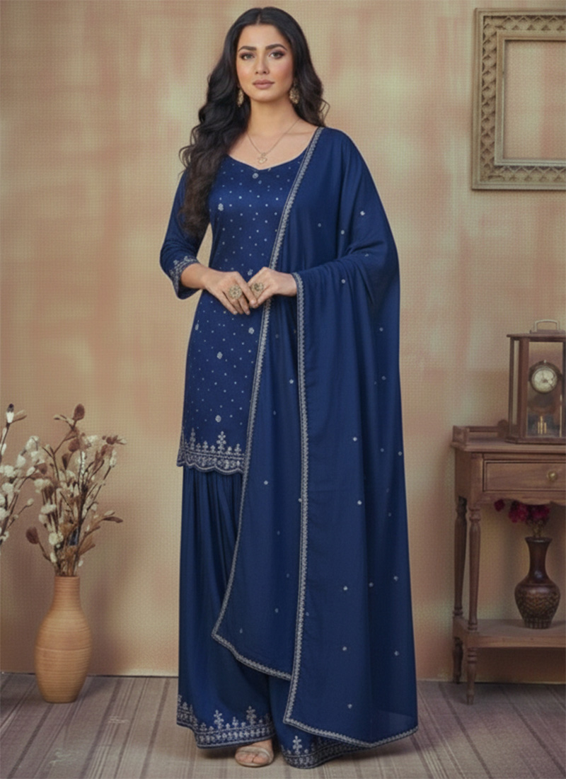 Blue Silk Zari Stone Palazzo Suit Festive Wear