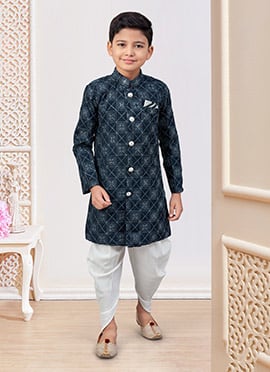 Blue Silk Zari Work With Sequins Boys Indowestern Sherwani With Dhoti