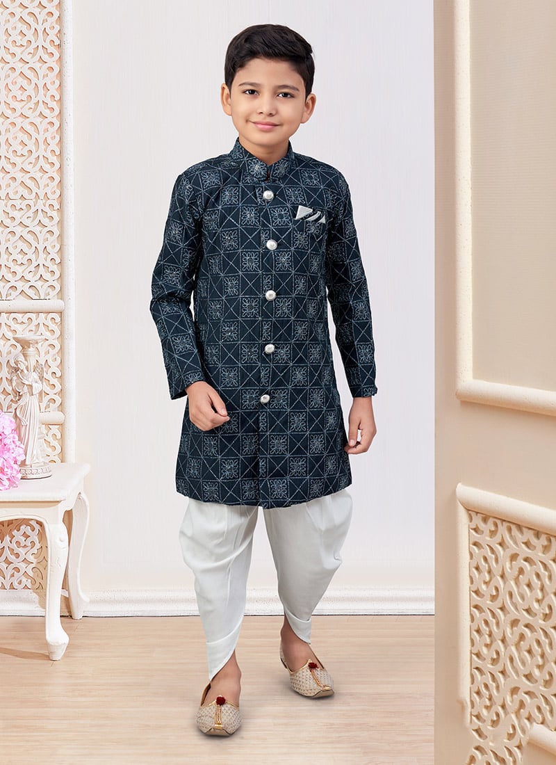 Blue Silk Zari Work With Sequins Boys Indowestern Sherwani With Dhoti Wedding Wear