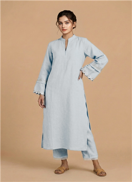 Blue Silver Bloom Muslin Cotton Kurta Set