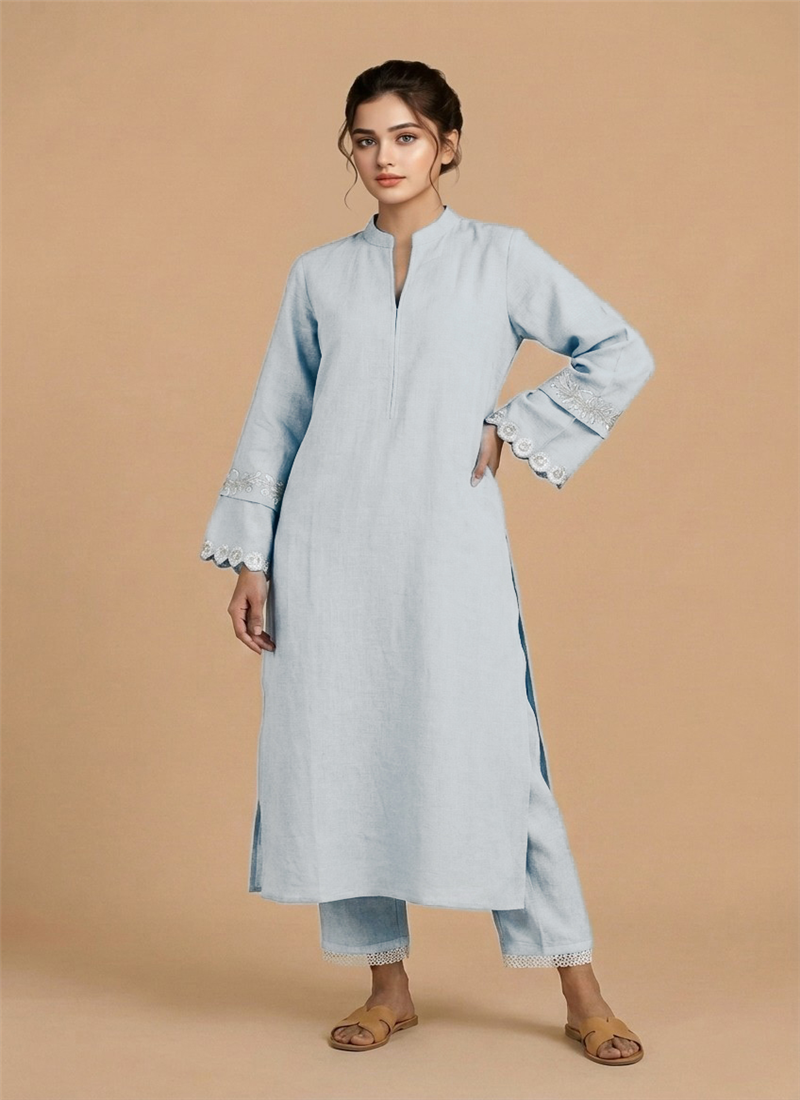 Blue Silver Bloom Muslin Cotton Kurta Set After Six Wear