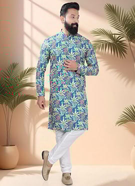 Blue Soft Cotton Embroidered Sequins And Printed Kurta Pyjama