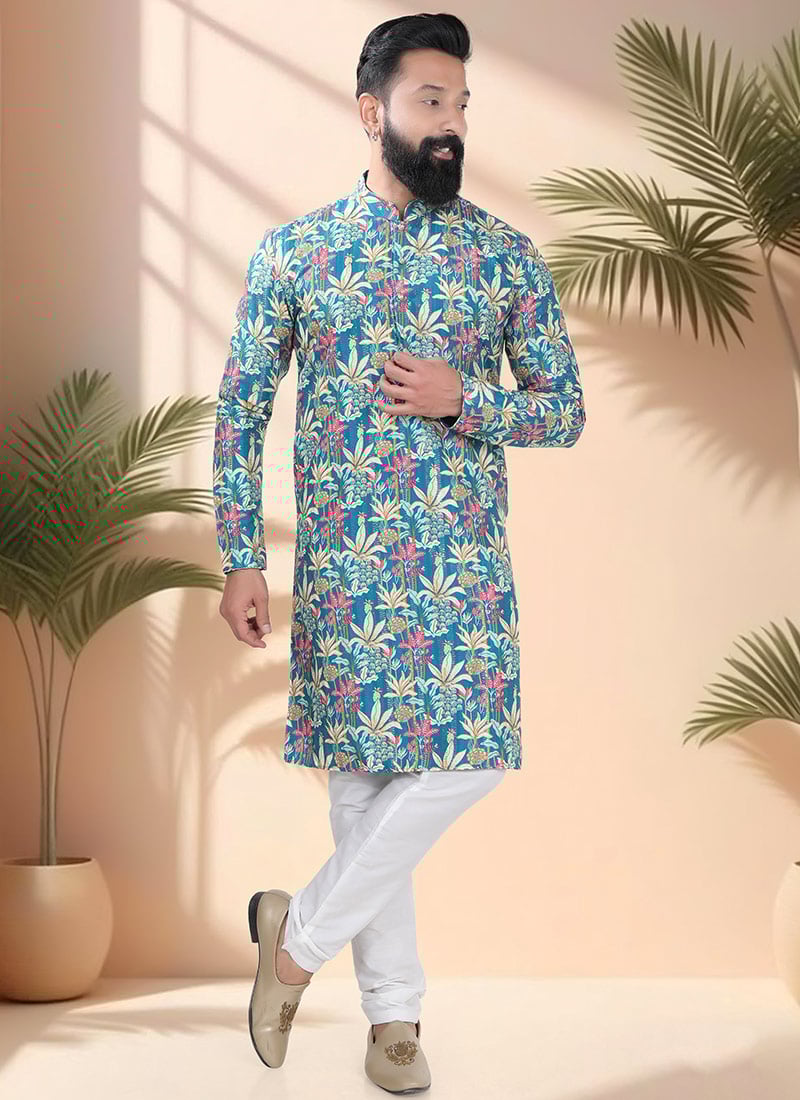 Blue Soft Cotton Embroidered Sequins And Printed Kurta Pyjama Festive Wear