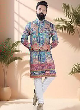 Blue Soft Cotton Embroidered Sequins And Printed Kurta Pyjama