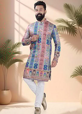 Blue Soft Cotton Embroidered Sequins And Printed Kurta Pyjama