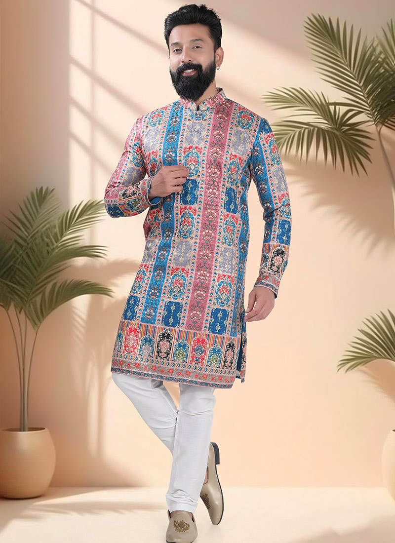 Blue Soft Cotton Embroidered Sequins And Printed Kurta Pyjama Festive Wear