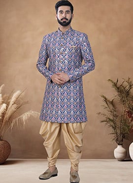 Blue Soft cotton Embroidered Sequins Indowestern Sherwani
