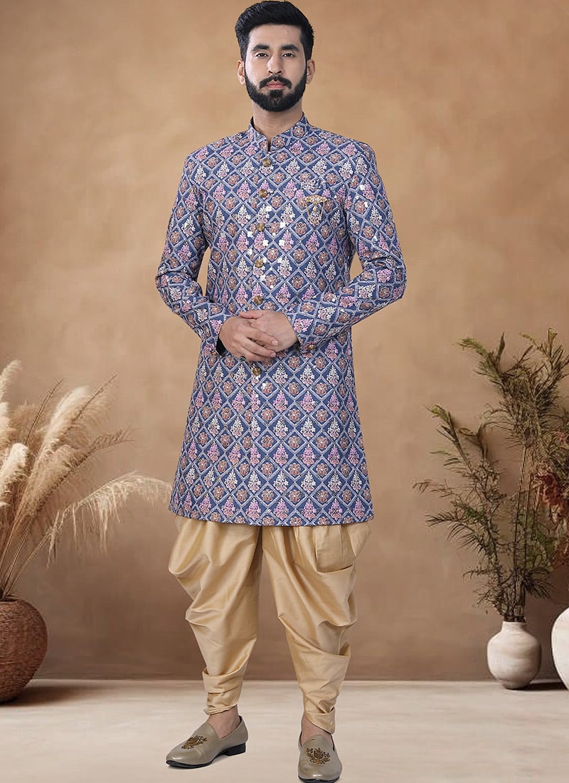 Blue Soft cotton Embroidered Sequins Indowestern Sherwani Wedding Wear
