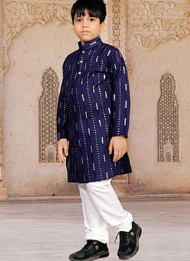 Blue Soft Cotton Sequins Work Kids Boys Kurta Pyjama