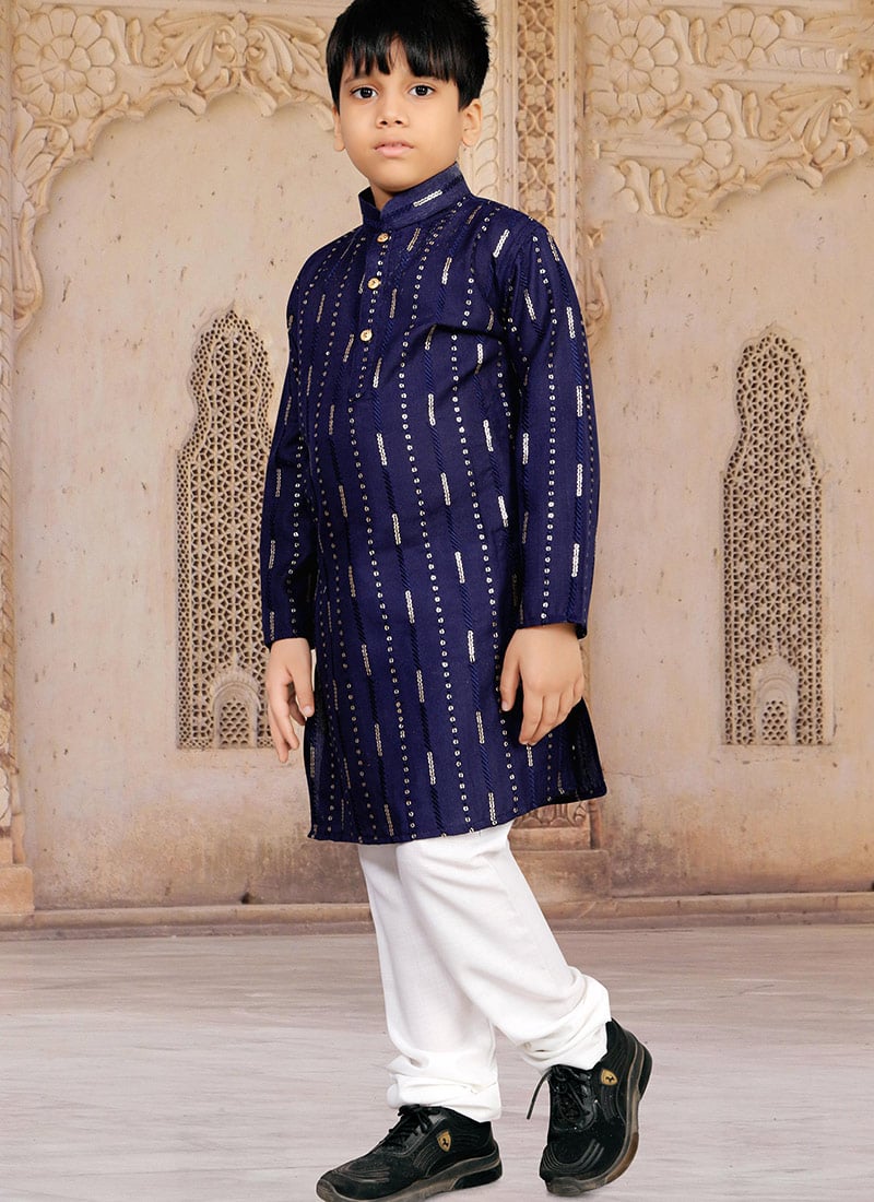 Blue Soft Cotton Sequins Work Kids Boys Kurta Pyjama Festive Wear