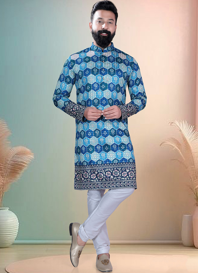 Blue Soft Cotton Thread Embroidered Sequins Printed Kurta Pyjama Festive Wear
