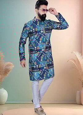 Blue Soft Cotton Thread Embroidered Sequins Printed Kurta Pyjama