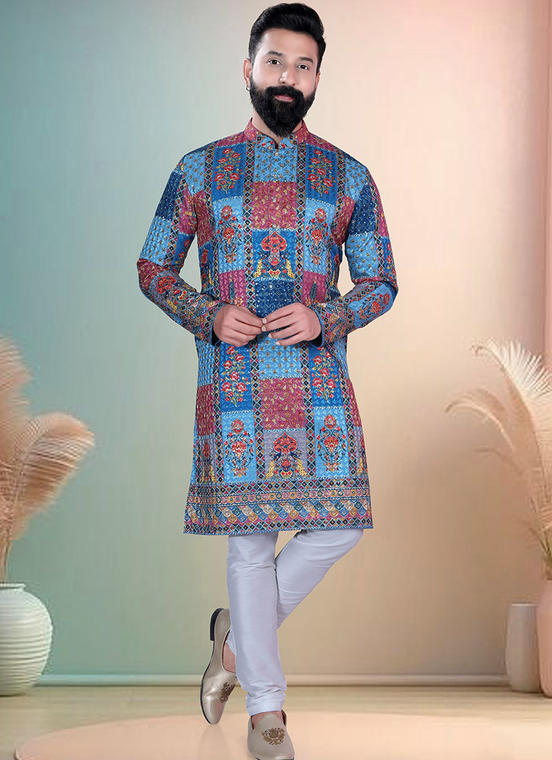 Blue Soft Cotton Thread Embroidered Sequins Printed Kurta Pyjama