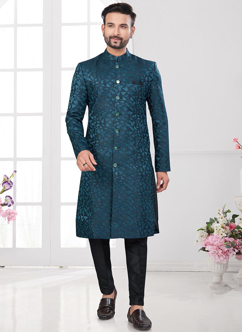 Blue Soft Jacquard Silk Indowestern Sherwani Festive Wear