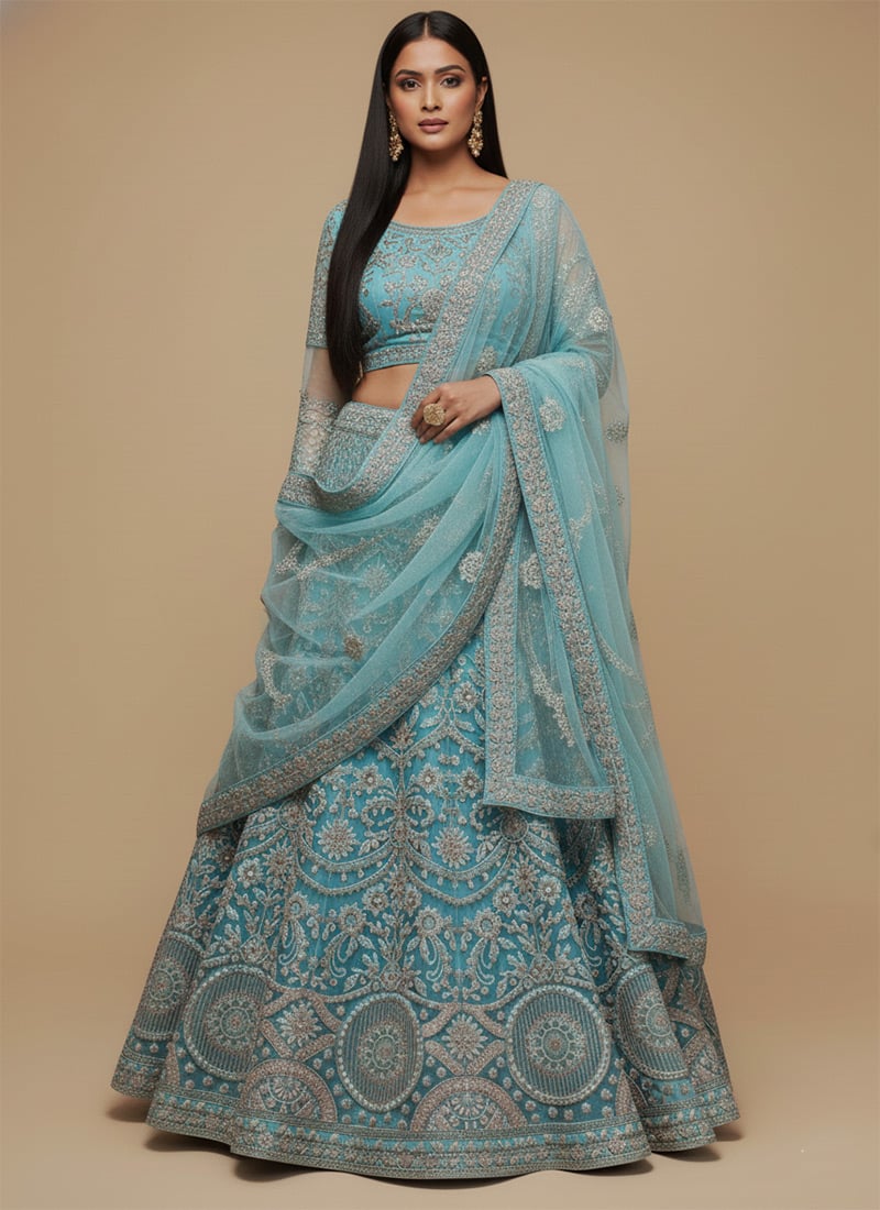 Blue Soft Net Embroidered Zari Umbrella Lehenga Wedding Wear