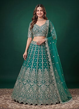 Blue Soft Net Zari Dori Sequins Embroidered Lehenga