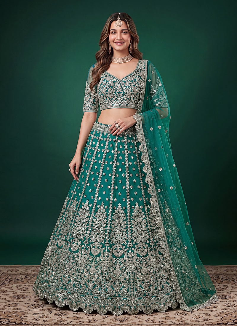 Blue Soft Net Zari Dori Sequins Embroidered Lehenga Wedding Wear