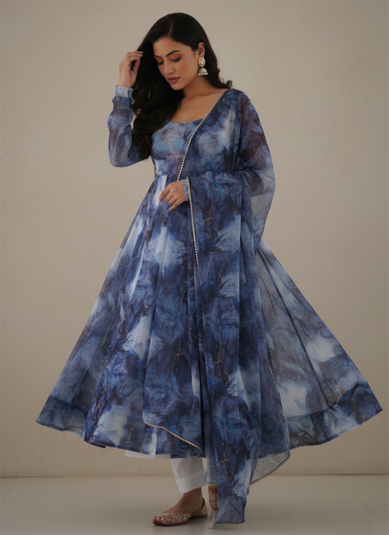 Blue Soft Organza Silk Printed Anarkali Suit After Six Wear
