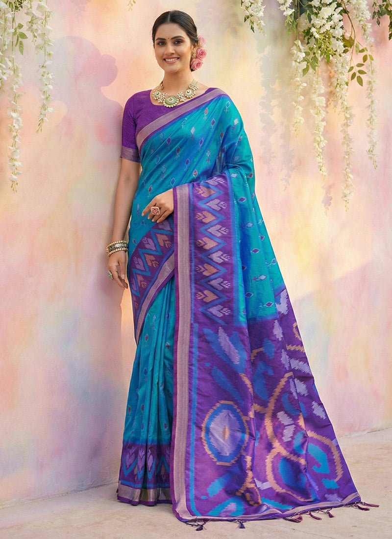 Blue Soft Silk Ikkat Print Saree Festive Wear
