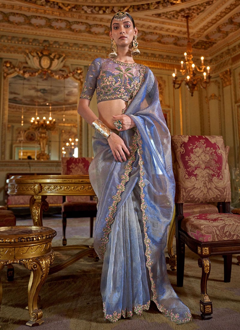 Blue Soft Tissue Silk Zari Embroidered Saree Festive Wear
