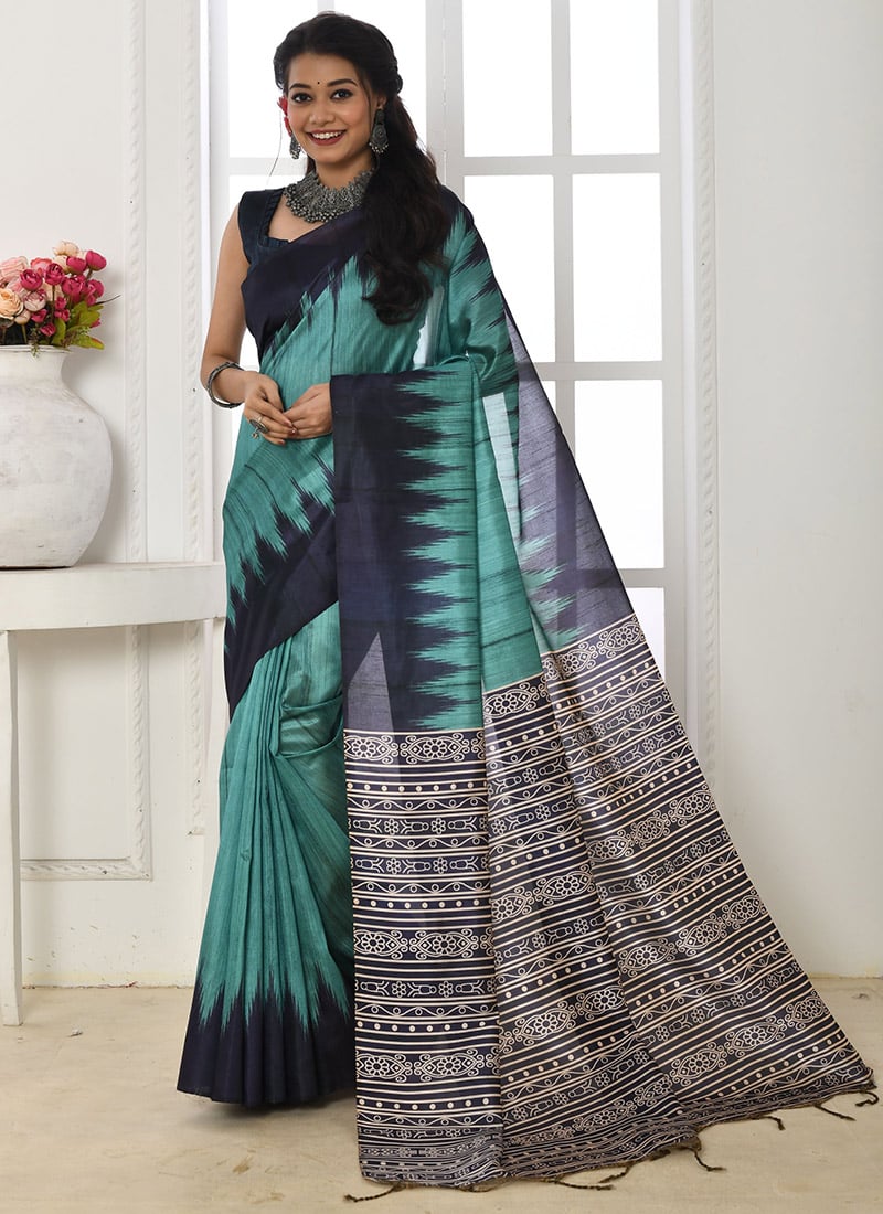 Blue Soft Woven Tussar Silk Printed Saree  Festive Wear