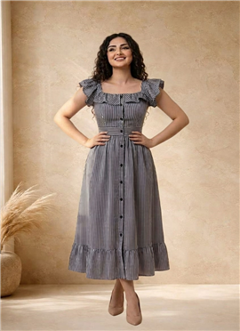 Blue Striped Printed Cotton Ruffle Midi Dress