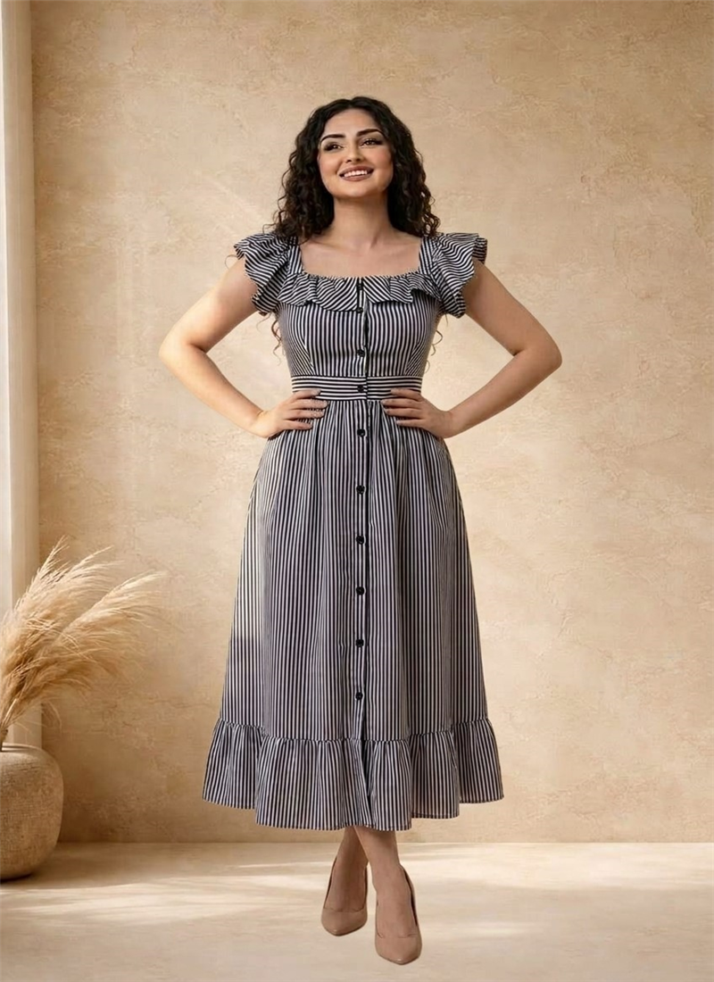 Blue Striped Printed Cotton Ruffle Midi Dress After Six Wear
