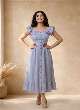 Blue Striped Printed Cotton Ruffle Midi Dress