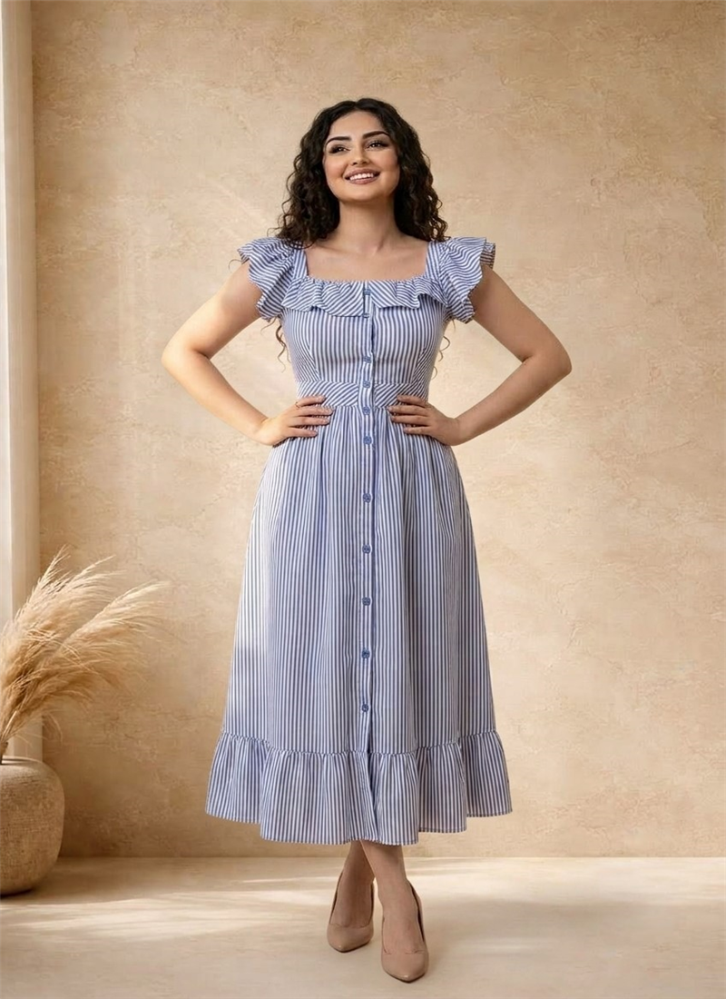 Blue Striped Printed Cotton Ruffle Midi Dress After Six Wear