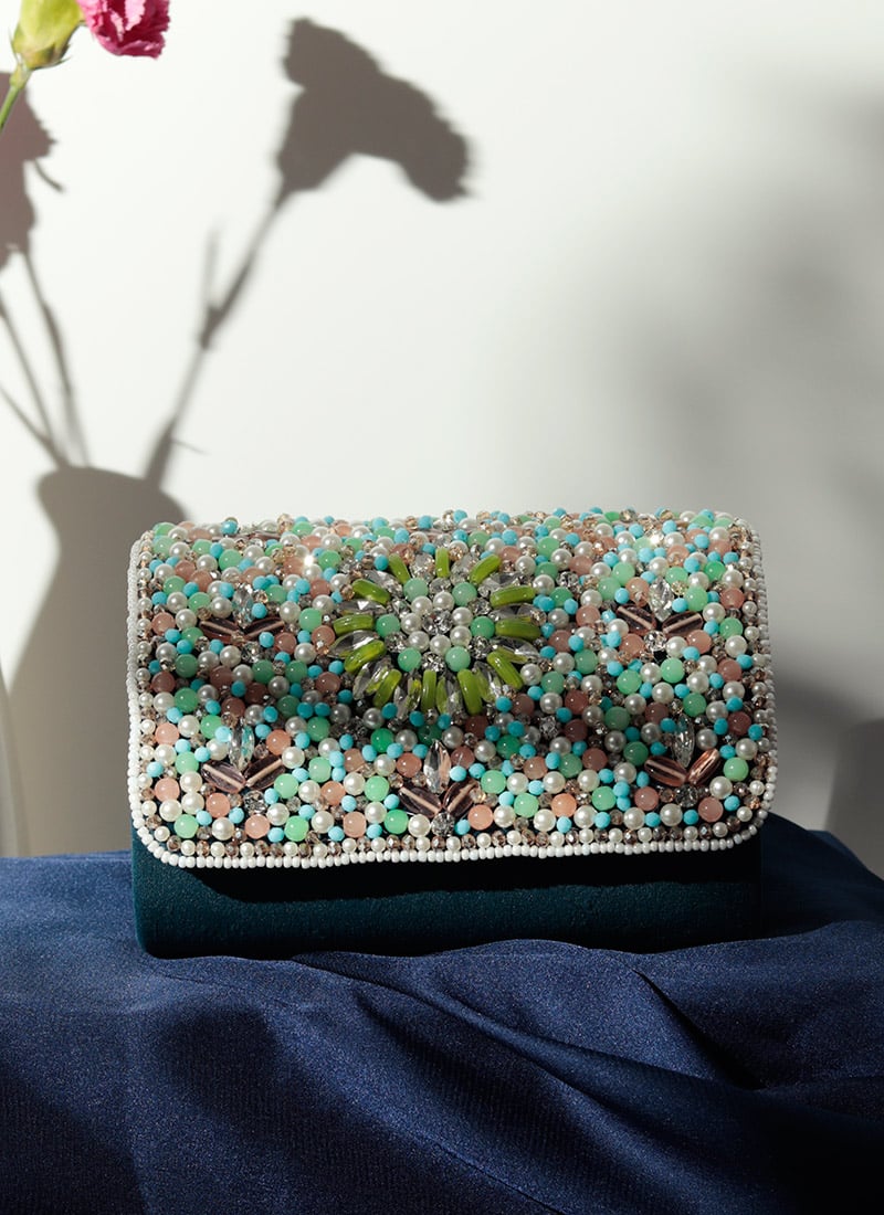 Blue Suede Clutch Embossed With Crystals And Stones Party Wear