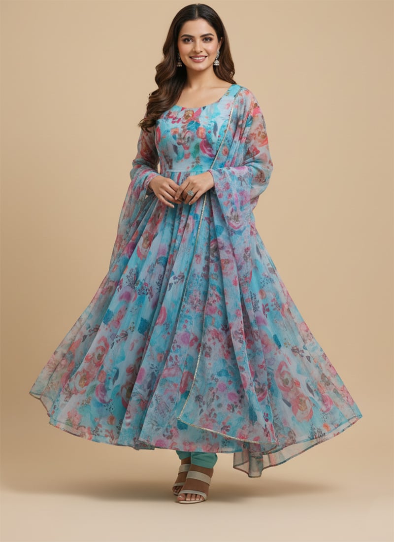 Blue Tabby Organza Silk Digital Print Anarkali Suit After Six Wear