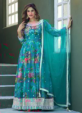 Blue Taby Silk Digital Print Embroidered Sequins Anarkali Suit
