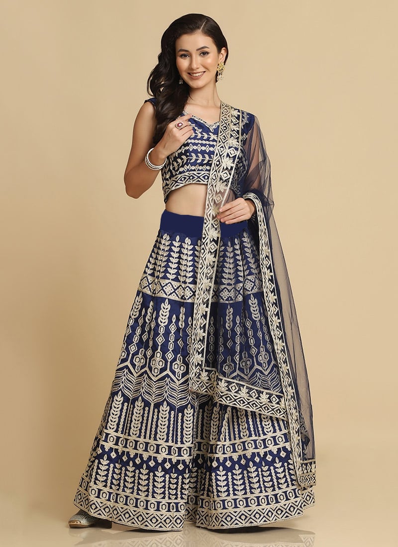 Blue Faux Georgette Embroidered A Line Lehenga Party Wear