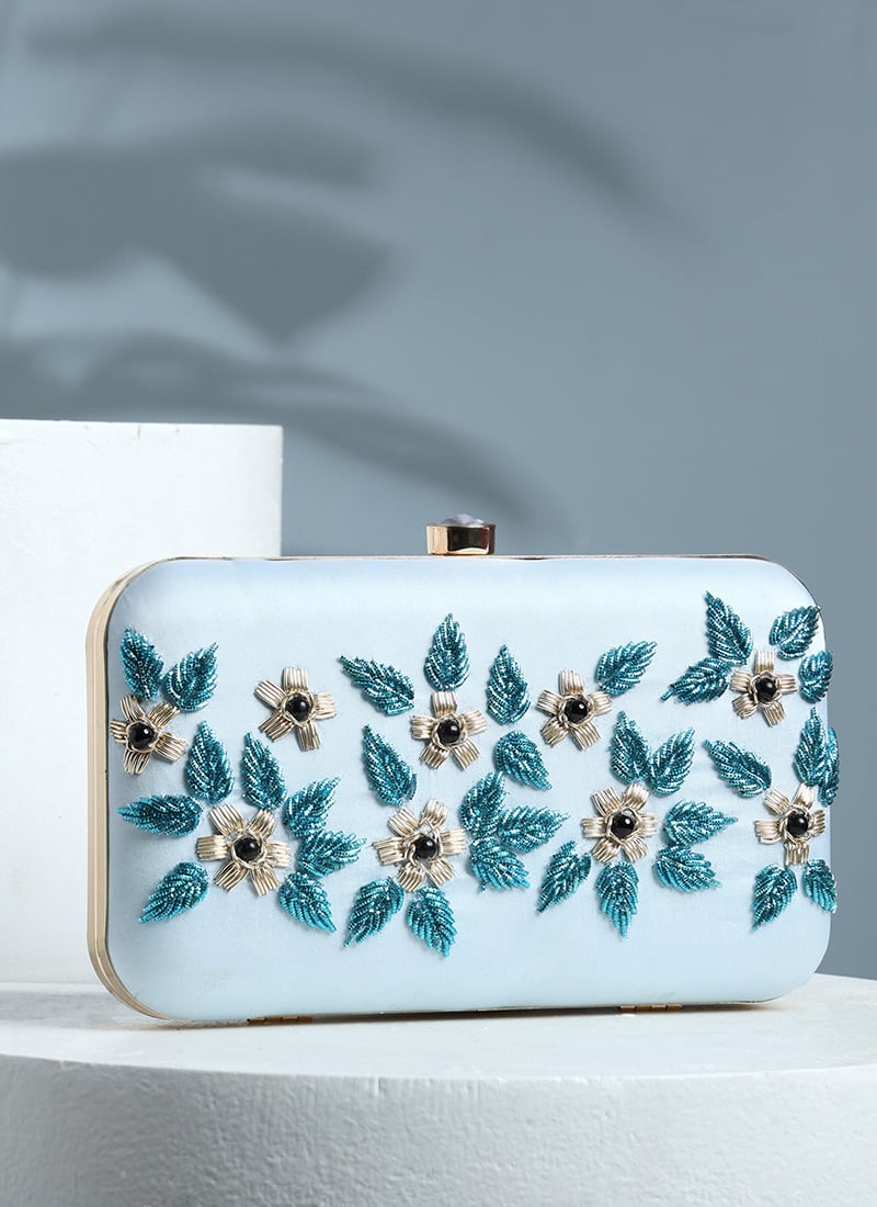 Blue Taffeta Embroidered Clutch Party Wear