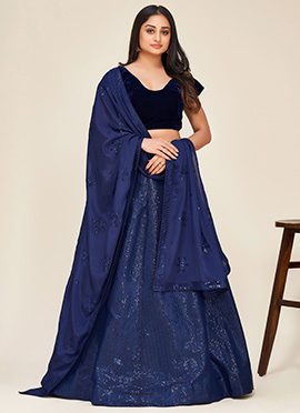 Blue Taffeta Sequins Embroidered Lehenga With Choli And Dupatta
