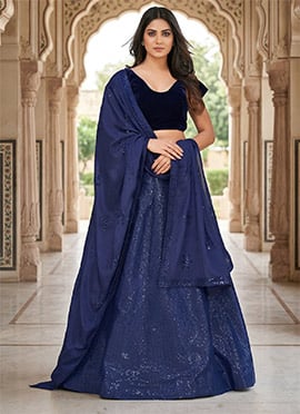 Blue Taffeta Silk Sequins Embroidered Lehenga