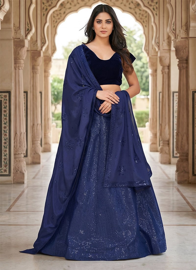 Blue Taffeta Silk Sequins Embroidered Lehenga Wedding Wear