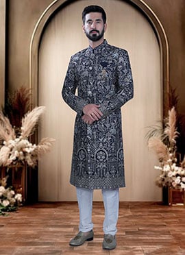 Blue Terry Rayon Zari Embroidered Sequins With Stone Work Indowestern Sherwani
