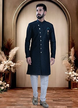 Blue Terry Rayon Zari Indowestern Sherwani  For Men