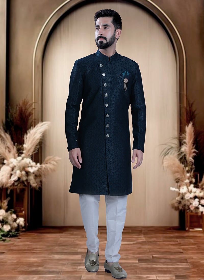 Blue Terry Rayon Zari Indowestern Sherwani  For Men Wedding Wear